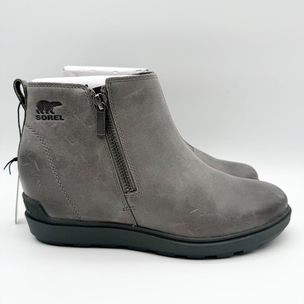 Sorel Women Evie ll Zip Wedge Bootie US 10.5 EU 41.5 Grey Leather Waterproof NIB - Picture 3 of 13